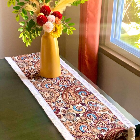 71" Woven Earthy Rustic Boho Warm Tones Jacquard Paisley Fringed Table Runner - Picture 1 of 8